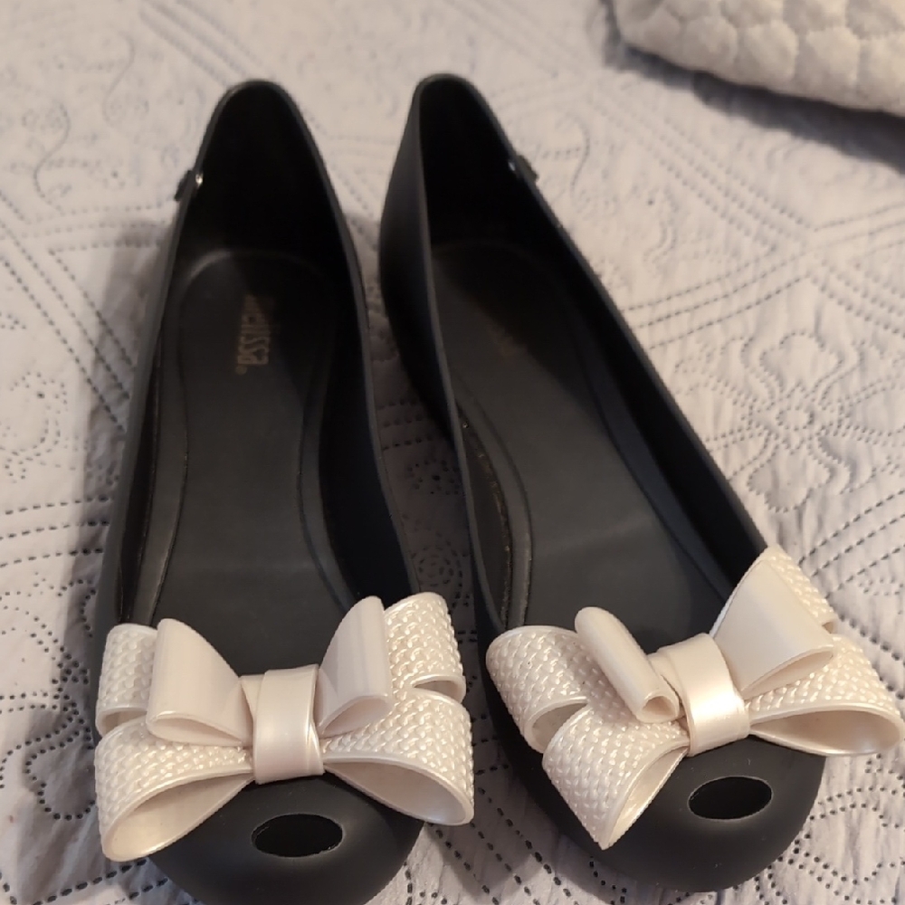 Melissa Black Flats with Cream Accent Bow